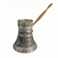 Long Handle Turkish Coffee Pot Flared Body Ibrik Coffee Brewer Metal Finish Kitchenware Silver-Toned