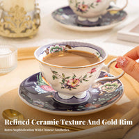Floral Avian Pattern Teacup Gift Boxed Gold Trim Coffee Mug Ceramic Teacup and Dish Set High-Temperature Fired for Cafe