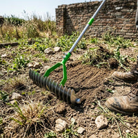 Stainless Steel Garden Unwanted Growth Rake Curved Frame Lawn Dethatcher Closely Spaced Tines Soil Loosening Rake Long Handle