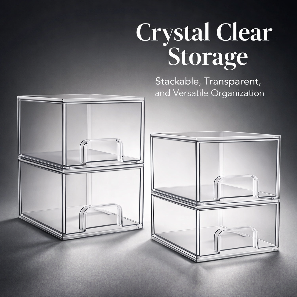 Drawer Storage Organizer, Clear Acrylic Stackable Design, Vanity Table Makeup and Jewellery Bathroom Drawers Unit