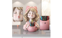 Pink Figurine Pen Holder Sculpted Girl Figurine Organizer Aesthetic Desk Organizer with Container Cartoon for Vanity