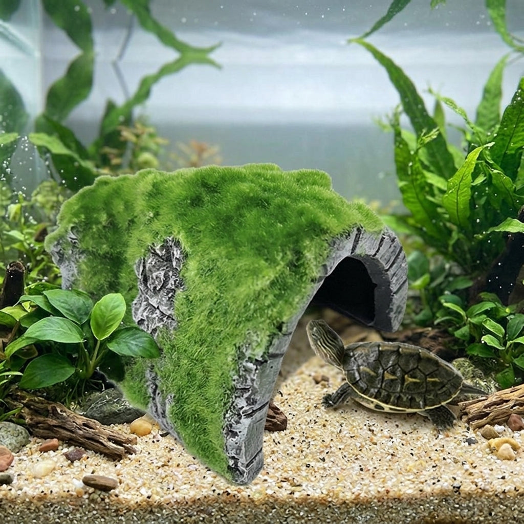 Moss Flocked Aquarium Cave, Realistic Resin Turtle and Snake Accessories for Vivarium, Average-sized Vertical Rock Shelter for Reptiles