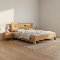 Minimalist Wooden Bed Frame Mortise and Tenon Joinery Solid Wood Bed with Storage Headboard for Guest Room