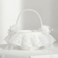 Tulle Flower Girl Basket Beaded Basket with Pearl Handle Lightweight Elegant for Brides