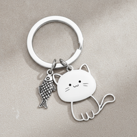 Cute Cartoon Cat Eating Fish Stainless Steel Keychain Pendant for Couples
