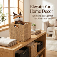Rattan Storage Baskets, Handwoven Cube Shelf Organizers, Open Top Design Bins with Handles, Toy Storage Solution for Home, Playroom Organization