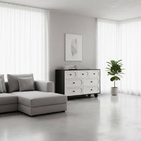 Black and Light-Toned Storage Cabinet Solid Wood Board Multi-Compartment Accent Cabinet Rounded Corners Modern Dresser with Spherical Legs