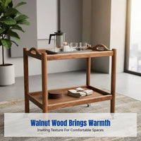 Walnut Wood Side Table, Mobile Tea Trolley, Sturdy Wood, Rolling Cart for Living Room, Storage Cabinet