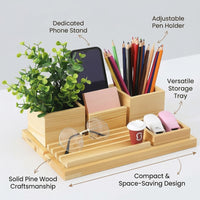 Desk Organizer with Adjustable Pen Rack and Phone Stand, Wooden Desktop Storage with Pencil Cup, Teacher Gift for Students