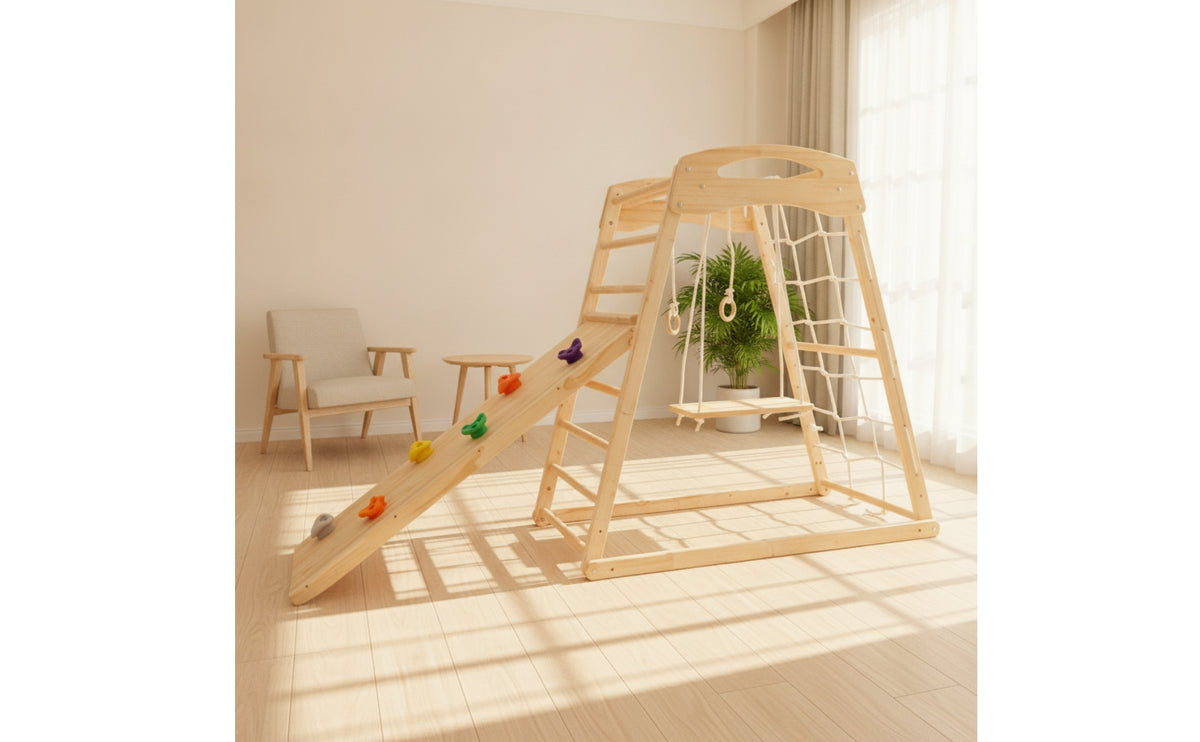 Climbing Frame with Slide Wood Indoor Jungle Gym with Slide Sturdy Wooden Climbing Structure for Children, Playroom, Home, Bedroom
