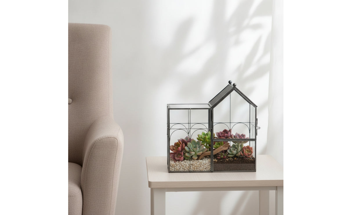 Glass Terrarium with Metal Frame Indoor House Terrarium with Hinged Door Glass Display Case with Peaked Roof Decorative