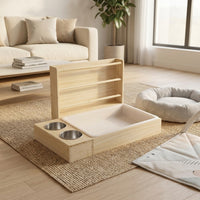Wood Hay Feeder with Built-in Food Bowl, Upper Entry Rack for Guinea Pigs, Freestanding Pig Hay Holder for Chinchilla Hamster, Less Waste