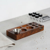 Unidirectional-Way Valve Single Dose Coffee Bean Tubes with Holder Airtight Seal Wooden Espresso Workflow Organizer Glass Vials