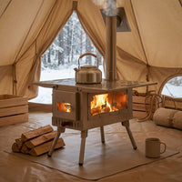 Outdoor Camping Heater with Viewing Window Easy to Transport Wood Heater with Chimney Pipes Sturdy Stable for Cooking