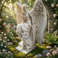 Seated Angel Figurine Antique Vintage-Look Pale Figure Statue Stepped Base Home Decor for Outdoor