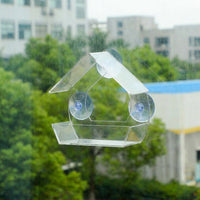 Suction Cup Bird Feeder, Clear Acrylic House with Sloped Double Panel Roof and Drainage Holes, Small Bird Feeder for Window Side Bird Watching