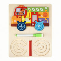 Natural Wood Finish 3-in-1 Learning Board Rounded Corners Child-Led Learning Wooden Learning Puzzle Colorful ABC Numbers Shapes Wooden Puzzle Removable for Preschoolers, Kids