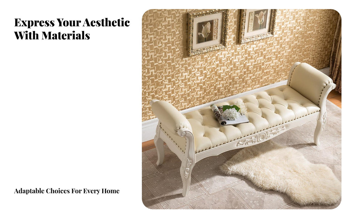 Tufted Bed-End Stool Carved Legs Tufted Bed-End Bench timeless Design Indoor Furniture for Interior Designers, Homeowners, Bedroom, Entryway, Hallway