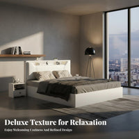 Contemporary White Bed Frame Solid Wood Construction Wooden Slat Bed Base No Box Spring Needed Bedroom Furniture for Couples, Renters, Guest Room