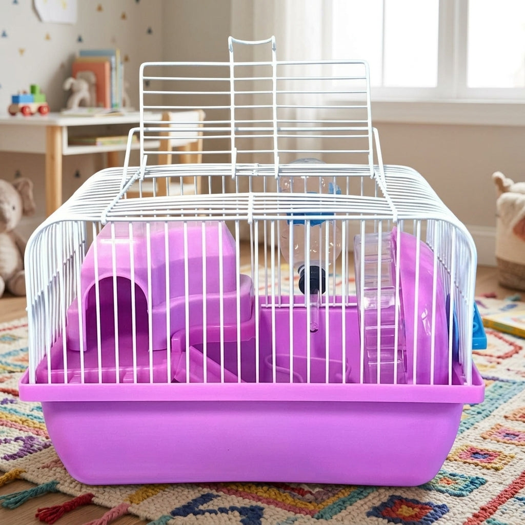 Hamster Cage Habitat Villa, Small Pet Enclosure with Wheel and Water Bottle, Square Shape Foldable Dwarf Hamster Kit Case
