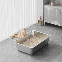 Cat Toilet and Open Top Stainless Steel Tray, Square Structure Indoor Pan for Large Cats and Young Felines Anti Leakage Design