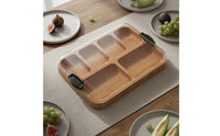 Built-in Compartments Bamboo Serving Tray with Lid Easy-Snap Locking System Divided Food Tray with Handles Food-Safe Safe Reversible Compartment Platter for Party Hosts, Picnic, Potluck