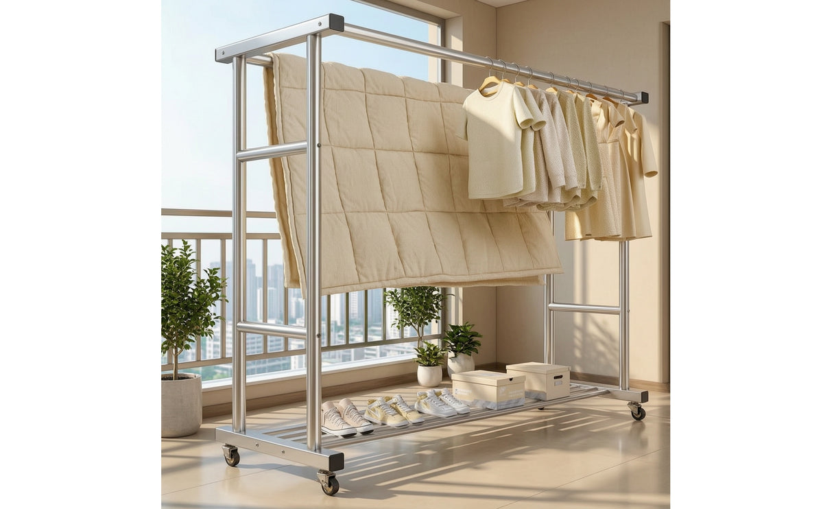 Stainless Steel Clothes Drying Rack with Wheels Movable Mobile Clothes Rack with Shoe Shelf Heavy Duty Compact for Bedroom