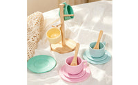 Wooden Play Dishes Set Pastel Pretend Play Tableware Toy Dishes with Stand, for Kids