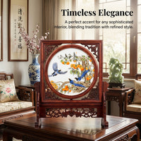 Rosewood Carved Desktop Screen Ornament, Vintage Style Porcelain Panel Table Divider for Desk, Chinese Floral Bird Painting Decor