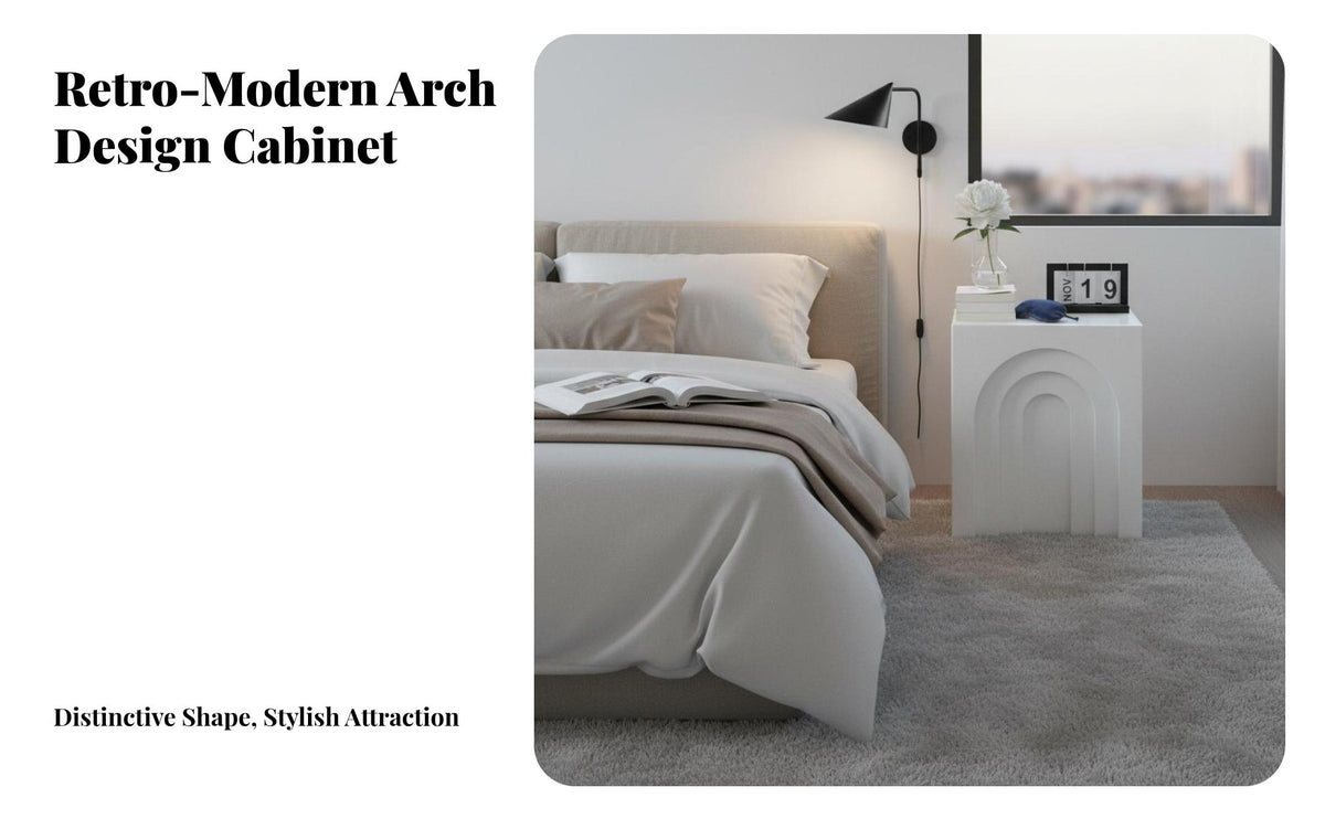 Arch Design Arched End Table mid-centuryera Modern design Arched Nightstand Vintage influenced Bedroom Furniture Wood Grain Texture for residents, Apartment Dwellers, partners, Living Room, Sofa Side, Entryway, Hallway