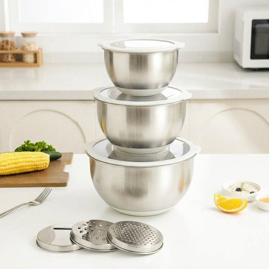 Stainless Steel Bowl Set of 3 with Graters, 304 Mixing Bowl for Meal Prep, Salad Serving Bowl with Transparent Center Lids and Non-Slip Bottom