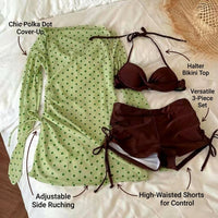 Swimsuits for Women with Long Sleeves and Polka Dot Design, Stylish with Shorts for Girls and Water Sports