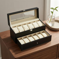 Double-Layer Drawer Watch Box Transparent Window Watch Drawer Box Leather-Like Timepiece Case Stitched Edging
