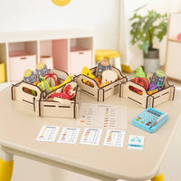 Grocery Store Toy Set Solid Wood Imitation Groceries Set with Crates Educational Pretend Supermarket for Preschoolers, Young Children, Playroom