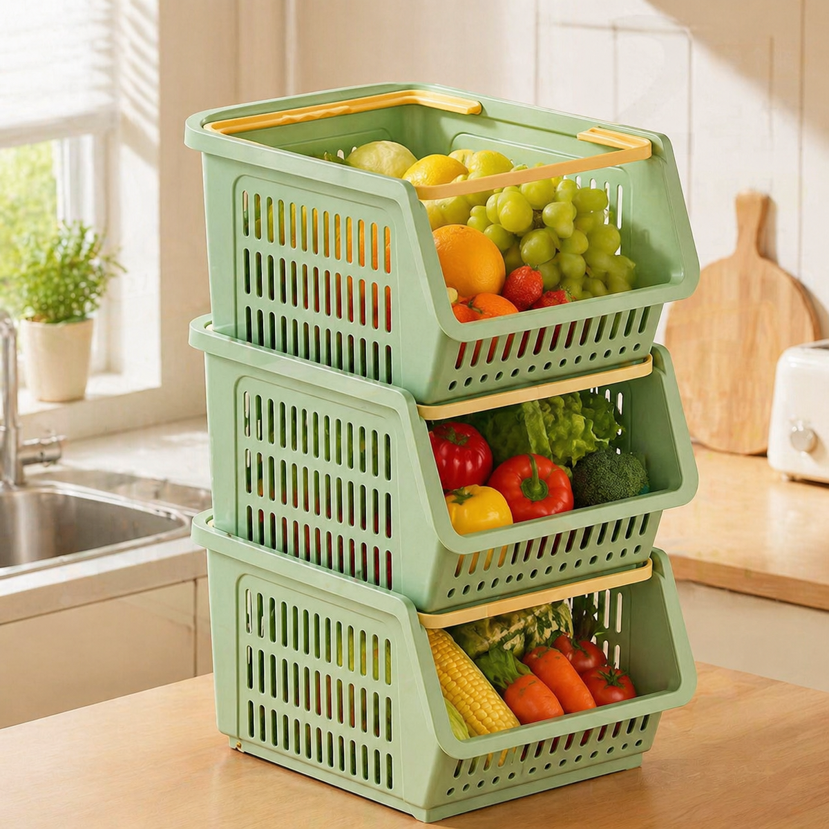 Large Stackable Pantry Organizers and Storage Material Storage Bins for Cabinet, Kitchen Storage Bins with Handles