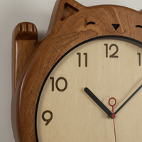 Lucky Cat Solid Wood Wall Clock with Silent Movement for Living Room Decor