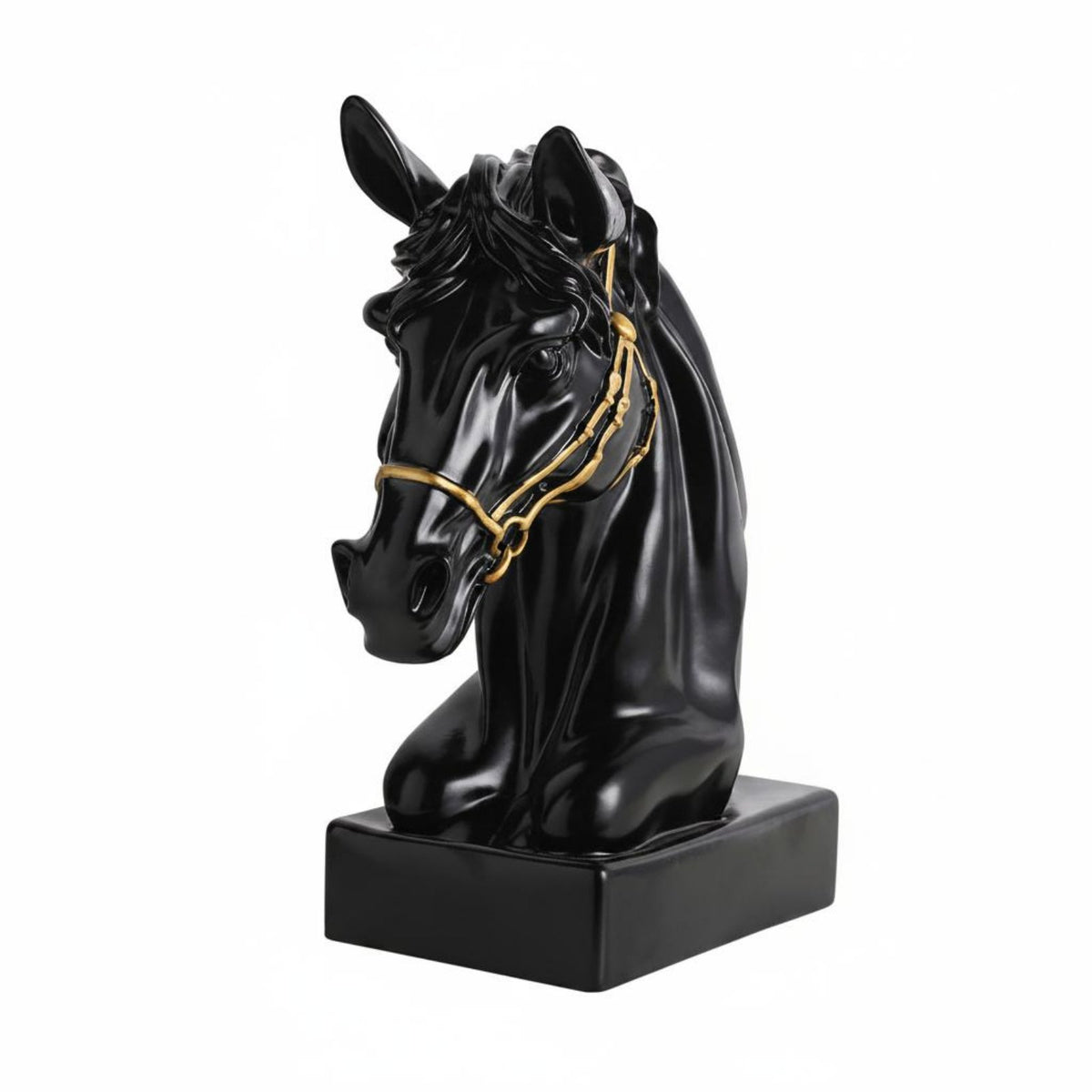 Horse Head Statue Artistic Design Black Horse Bust Gold Accents Tabletop Sculpture for Living Room, Entryway, Bookshelf