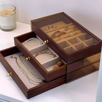 Walnut Wood Jewelry Box Velvet Lined Tiered Jewelry Storage Box Transparent Lid for Dresser, Bedroom