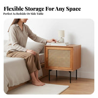 Japanese Design Rattan-Front Nightstand Solid Wood Legs Bedside Table Minimalist Design Storage Furniture Retro Aesthetic for Apartment Dwellers, Homeowners, Adults, Bedroom, Small Areas, Living Room, Home Office