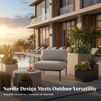 Nordic Design Woven Rope Armchair Weather Resistant Cushioned Woven Armchair Waterproof Outdoor Furniture Minimalist Aesthetic for Homeowners, Hotel Managers, Hospitality Professionals, Balcony, Courtyard, Backyard, Poolside