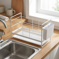 Dish Rack with Draining Board, 2-Tier Stainless Steel Dish Rack and Dish Drainer, Space Saving Kitchen Storage with Cutlery Holder and Tray