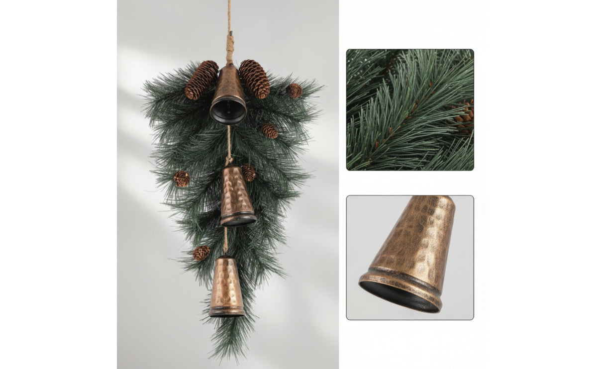 Teardrop Swag with Bells Rustic Artificial Christmas Swag Festive Wreath with Bells for Front Door, Entryway, Wall Decor