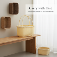 Hand-Woven Rattan Style Picnic Basket with Handle, Rectangular Fruit and Vegetable Storage Basket for Outdoor Use