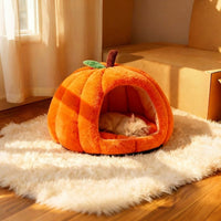 Pumpkin Cat Beds for Indoor Cats, Dog Bed with Hood and Thermal Padding, Small Dog Washable Bed with Removable Cushion and Waterproof Base