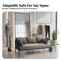 utilitarian aesthetic Iron Frame Settee Minimalist Design Sofa Modern Aesthetic Small Couch stylish for Interior Designers, Apartment Dwellers, Clothing boutique, cosmetic studio, Office Reception, Waiting Room
