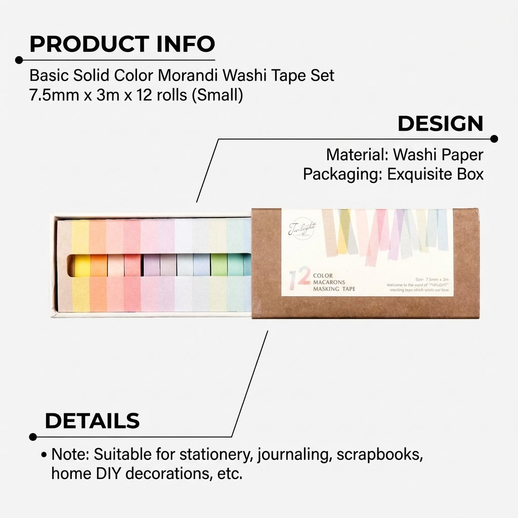 Pastel Washi Tape Set, 12 Macaron Solid Color Decorative Masking for Scrapbooking, Journaling Planner for DIY Crafts