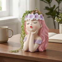 Girl Flowerpot Lavender Outfit Girl Facial Planter Cute Tabletop Flowerpot for Balcony