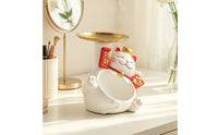 Double-Layer Storage Ornament Waving Cat Figurine Storage Tray Multifunctional Auspicious Cat Statue with Tray for Entryway Table, Vanity