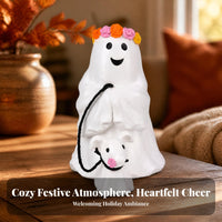Resin Ghost Animal Leash Ornament Smiling Face Ghost Flower Crown Figurine Smooth Molded Seasonal Decoration Festive