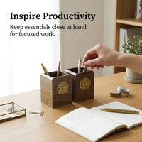 Desk Organizer Walnut Color Square Pencil Cup, Wooden Pen Holder for Office Desktop Storage for Stationery, 3.1 X 3.1 4.1 Inches